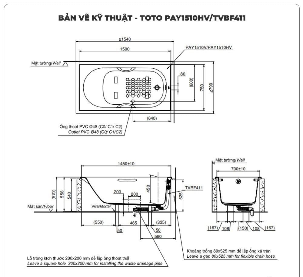 Bồn tắm xây TOTO PAY1510HV/TVBF411 (1.5M)