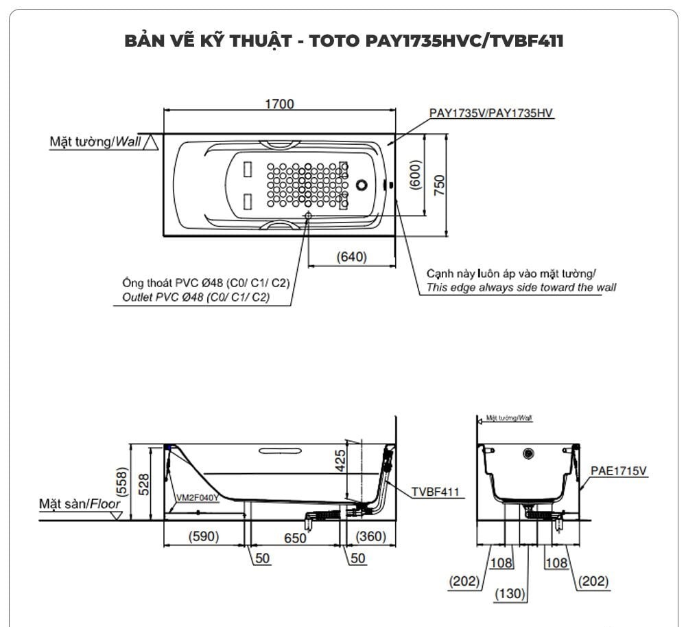 Bồn tắm chân yếm TOTO PAY1735HVC/TVBF411 (1.7M)