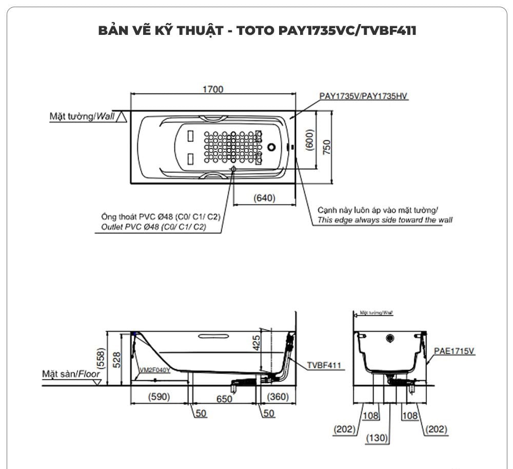 Bồn tắm chân yếm TOTO PAY1735VC/TVBF411 (1.7M)