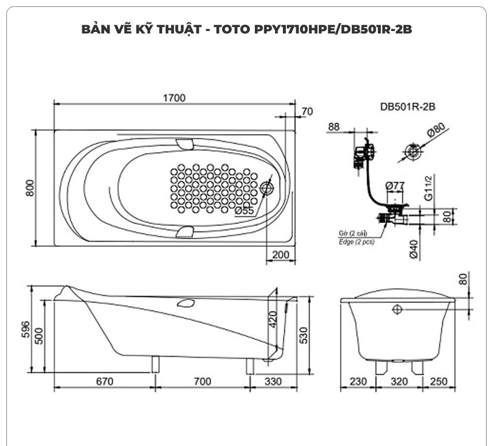 Bồn tắm xây ngọc trai TOTO PPY1710HPE/DB501R-2B (1.7M)