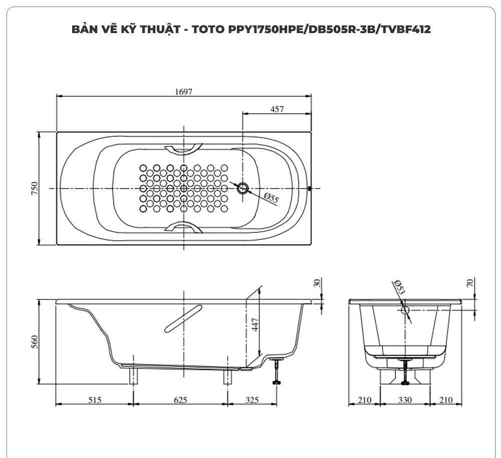 Bồn tắm xây ngọc trai TOTO PPY1750HPE/DB505R-3B/TVBF412 (1.7M)