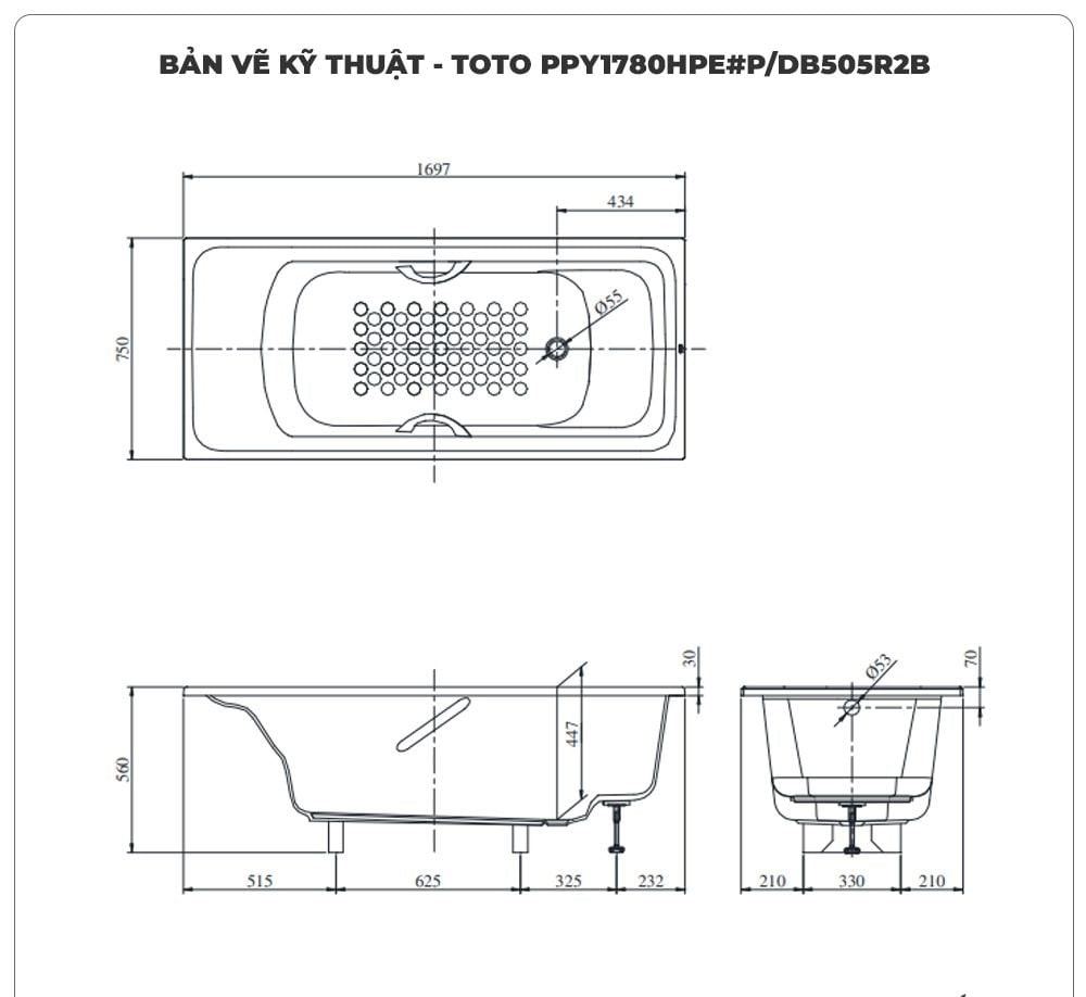 Bồn tắm xây ngọc trai TOTO PPY1780HPE#P/DB505R2B (1.7M)