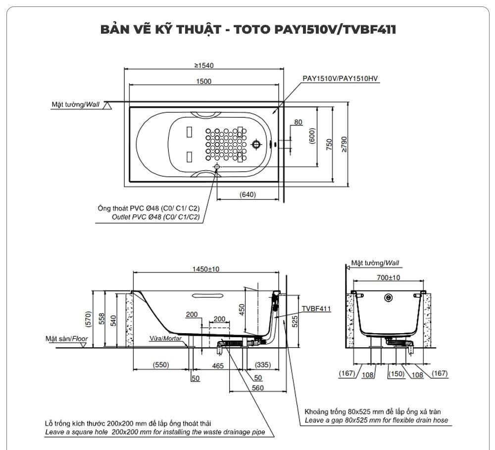 Bồn tắm xây TOTO PAY1510V/TVBF411 (1.5M)