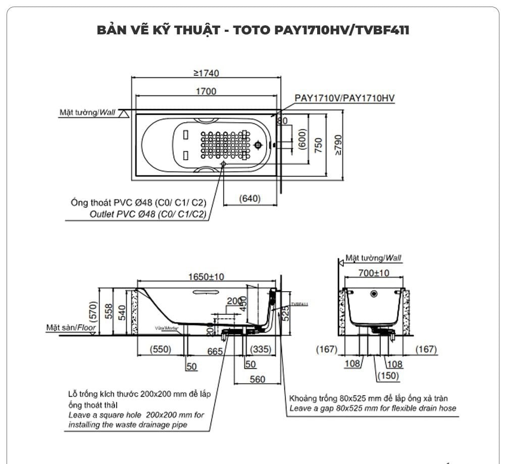 Bồn tắm xây TOTO PAY1710HV/TVBF411 (1.7M)