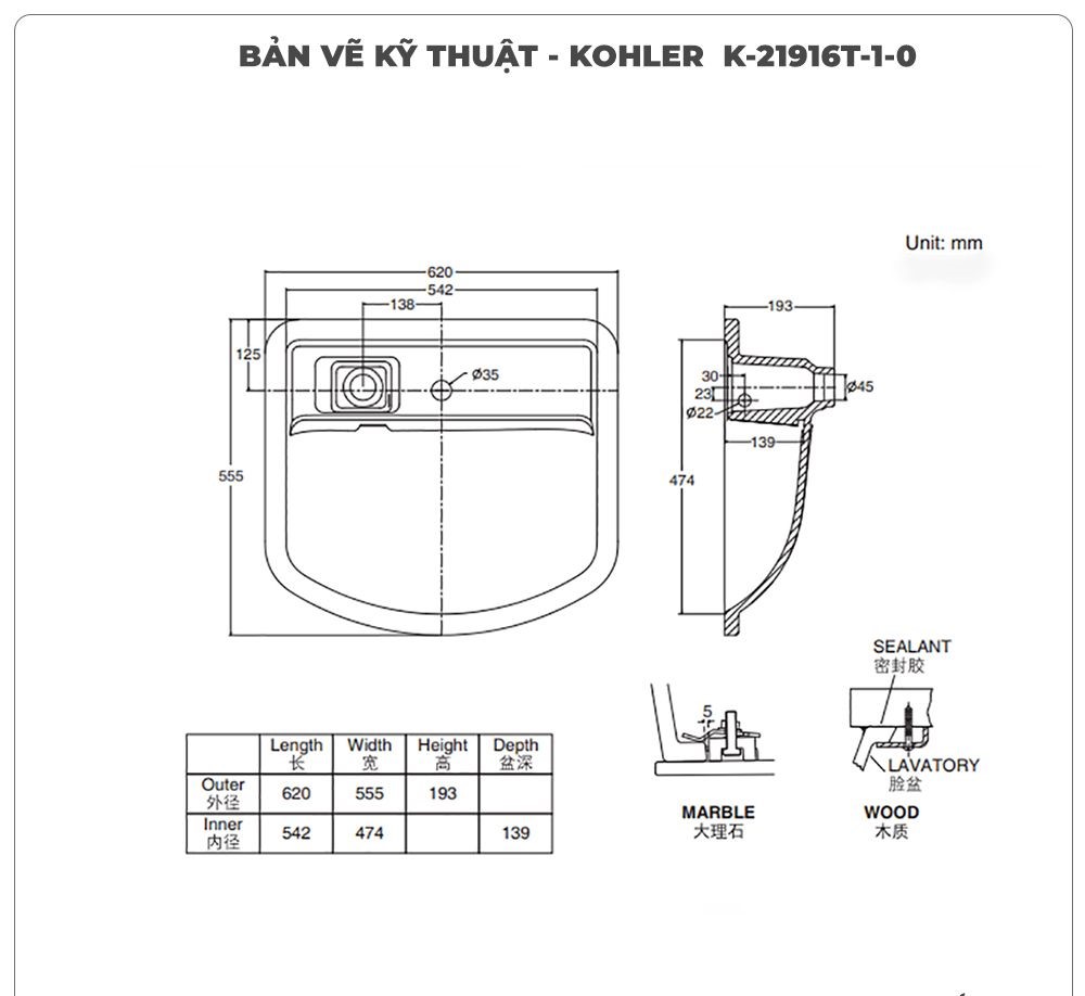 Lavabo âm bàn FAMILY CARE KOHLER K-21916T-1-0