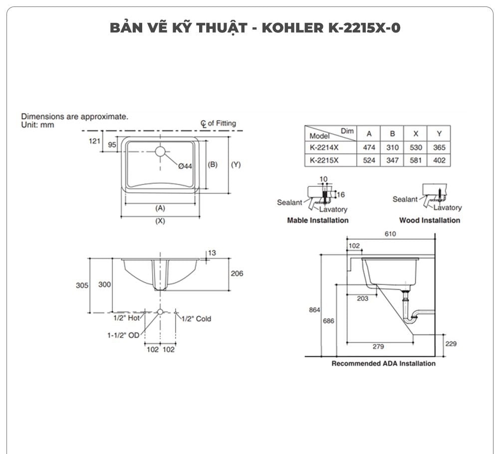 Lavabo âm bàn LADENA KOHLER K-2215X-0