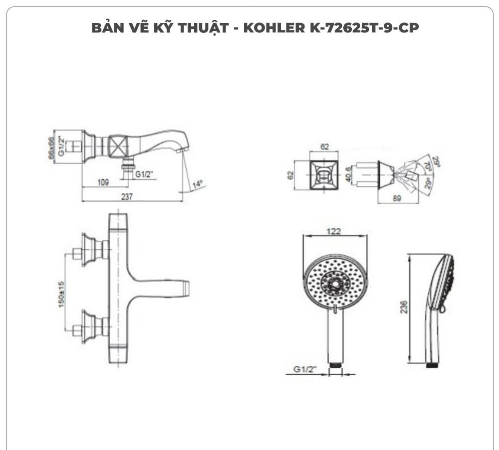 Sen tắm nhiệt độ KOHLER K-72625T-9-CP kèm vòi xả bồn