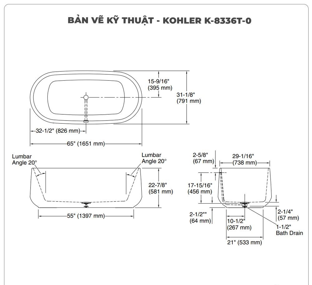 Bồn tắm đặt sàn KOHLER K-8336T-0 Lithocast