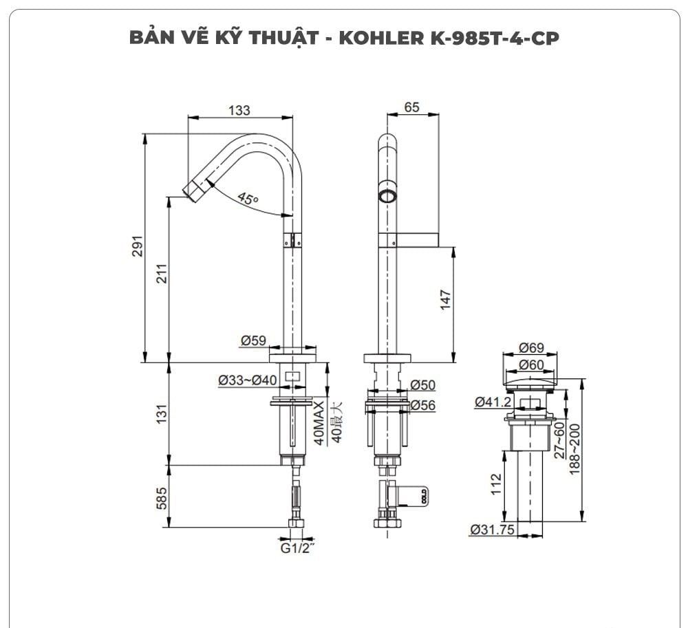 Vòi lavabo nóng lạnh KOHLER K-985T-4-CP