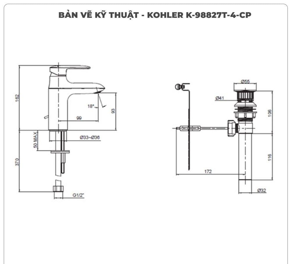 Vòi lavabo nóng lạnh KOHLER K-98827T-4-CP