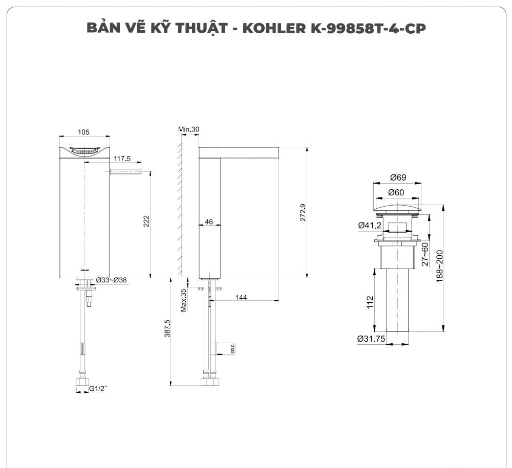 Vòi lavabo nóng lạnh KOHLER K-99858T-4-CP