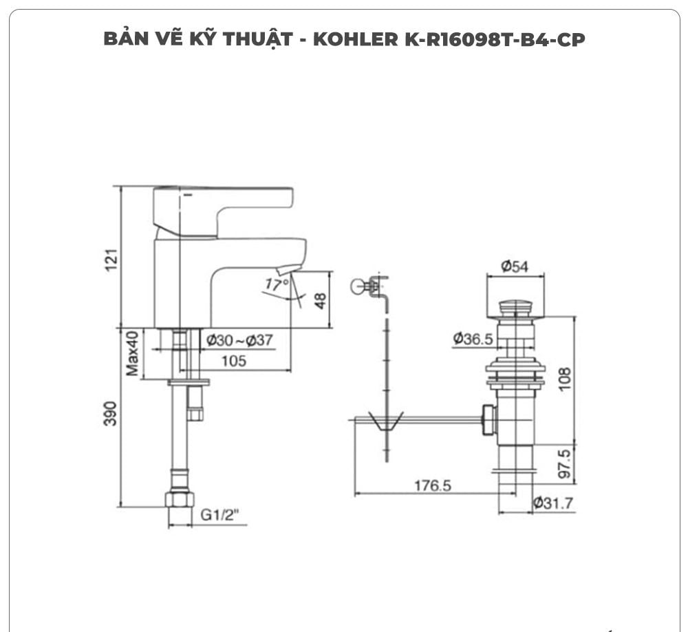 Vòi lavabo nóng lạnh KOHLER K-R16098T-B4-CP