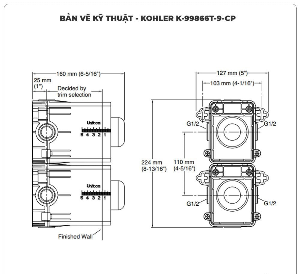 Mặt nạ cảm biến nhiệt KOHLER K-99866T-9-CP(3 chiều)