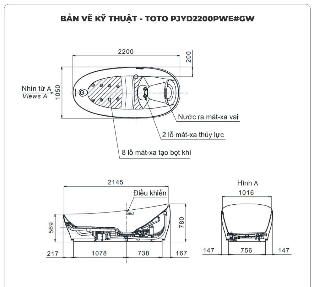 Bồn tắm đặt sàn massage TOTO PJYD2200PWE#GW