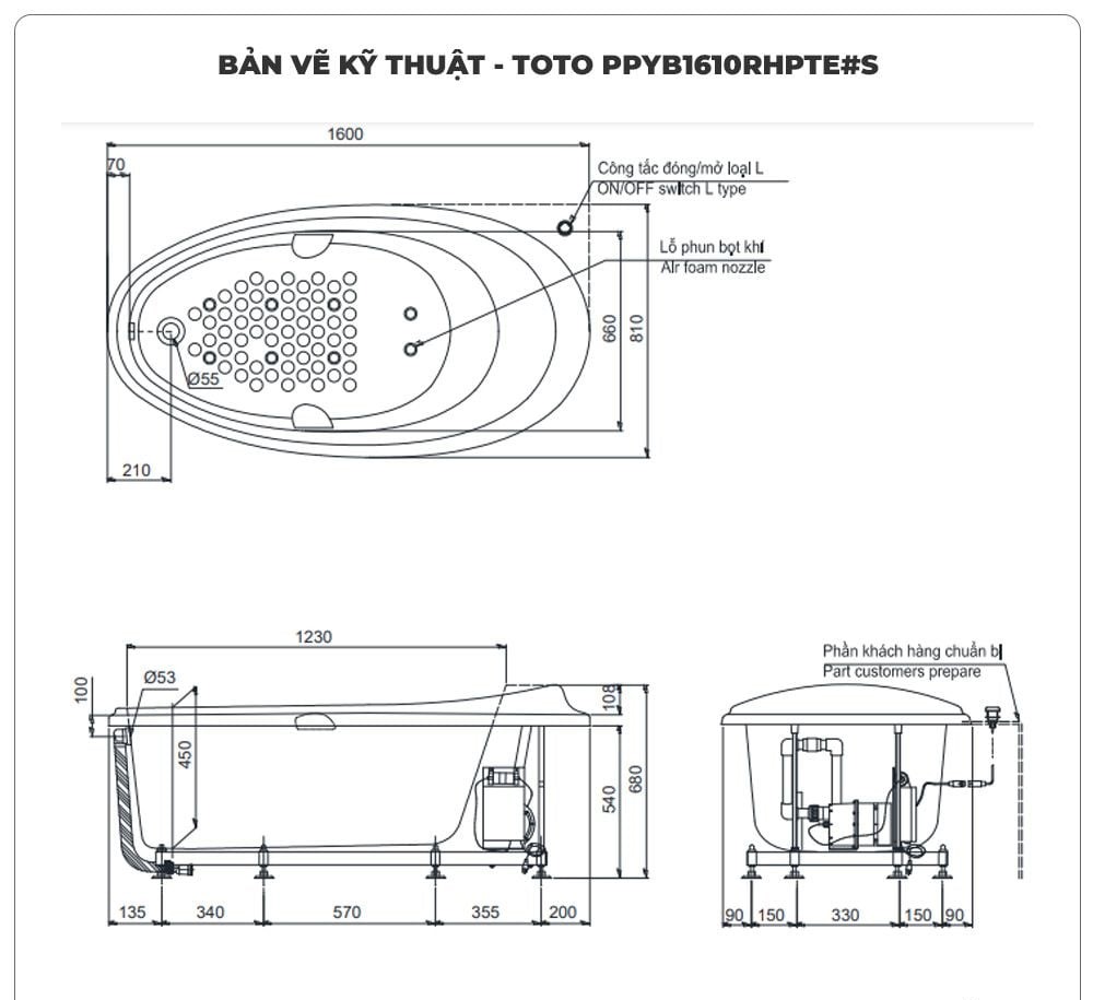 Bồn tắm massage TOTO PPYB1610LHPTE#S ngọc trai