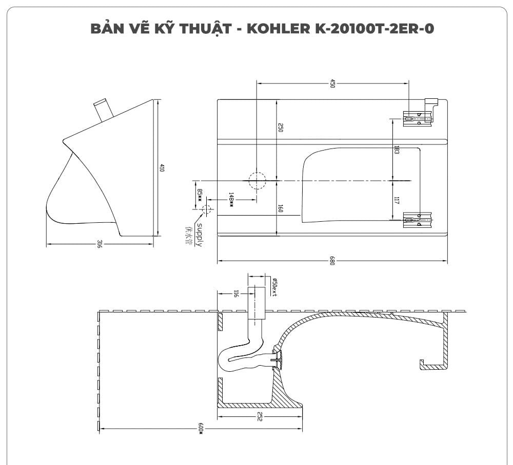 Bồn tiểu nam treo tường KOHLER K-20100T-2ER-0